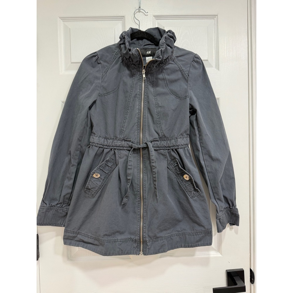 H&M Women Gray Cotton Utility‎ Jacket Drawstring Waist Tie Size 6